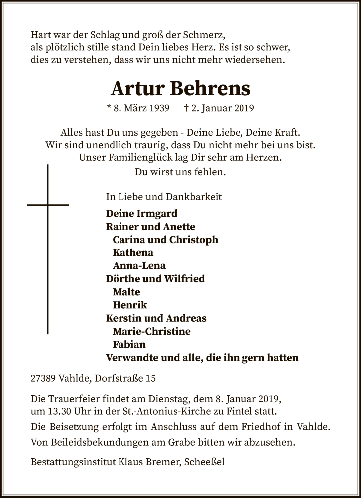  Traueranzeige für Artur Behrens vom 04.01.2019 aus SYK