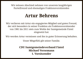 Traueranzeige von Artur Behrens von SYK