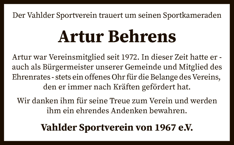  Traueranzeige für Artur Behrens vom 04.01.2019 aus SYK