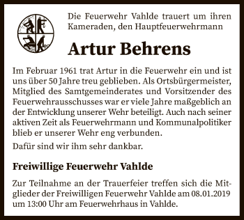 Traueranzeige von Artur Behrens von SYK