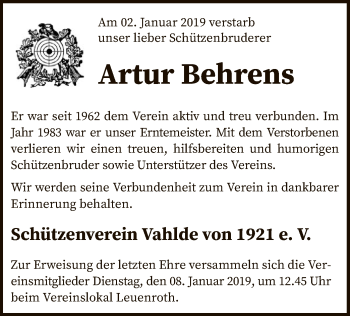 Traueranzeige von Artur Behrens von SYK