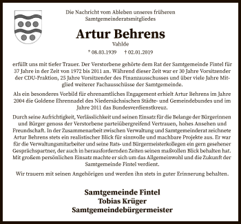 Traueranzeige von Artur Behrens von SYK