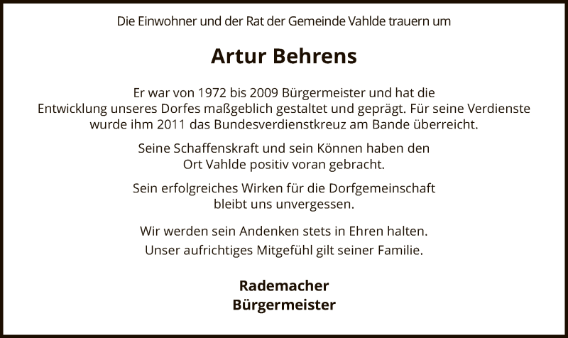  Traueranzeige für Artur Behrens vom 04.01.2019 aus SYK