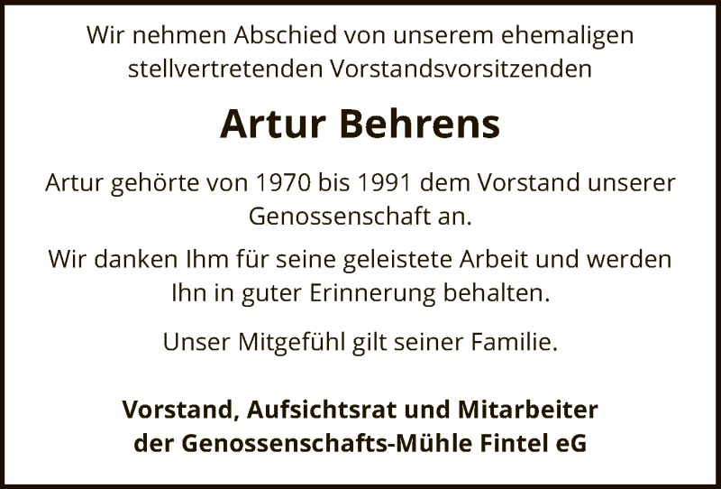  Traueranzeige für Artur Behrens vom 04.01.2019 aus SYK