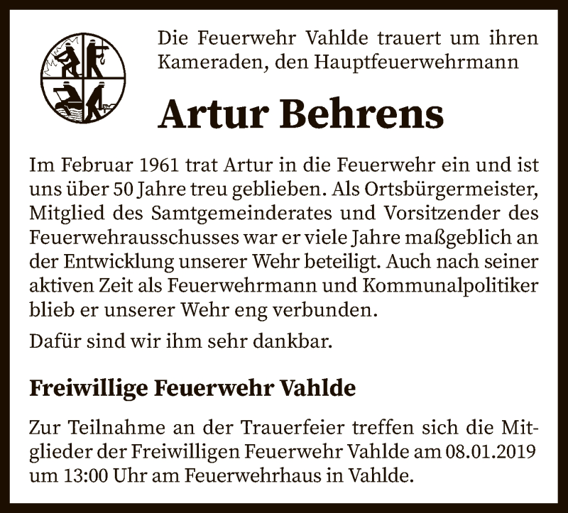  Traueranzeige für Artur Behrens vom 04.01.2019 aus SYK