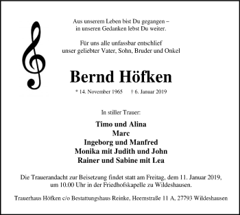 Traueranzeige von Bernd Höfken von SYK