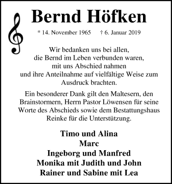 Traueranzeige von Bernd Höfken von SYK
