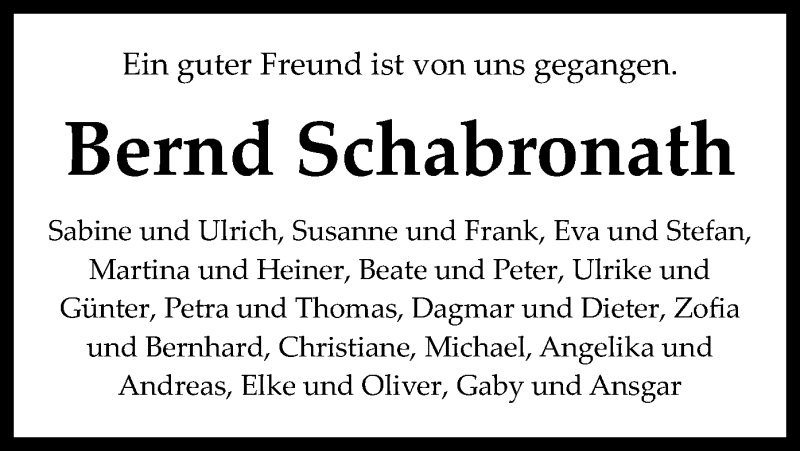  Traueranzeige für Bernd Schabronath vom 10.01.2019 aus SYK
