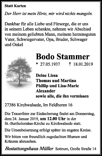 Traueranzeige von Bodo Stammer von SYK