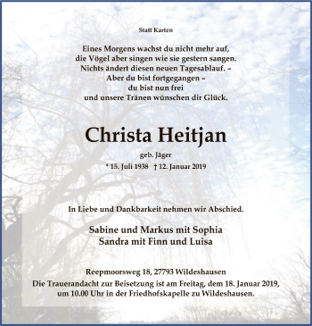 Traueranzeige von Christa Heitjan von SYK