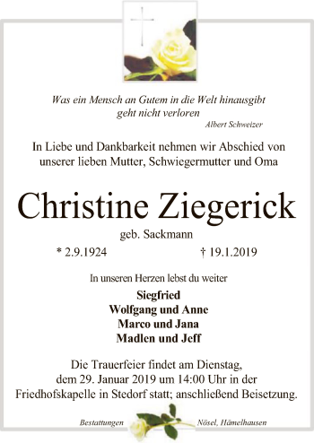 Traueranzeige von Christine Ziegerick von SYK