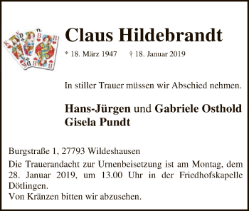 Traueranzeige von Claus Hildebrandt von SYK