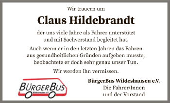 Traueranzeige von Claus Hildebrandt von SYK