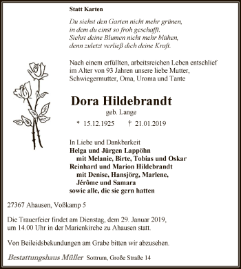 Traueranzeige von Dora Hildebrandt von SYK