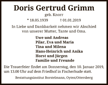 Traueranzeige von Doris Gertrud Grimm von SYK