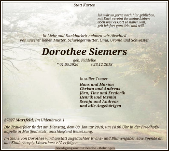 Traueranzeige von Dorothee Siemers von SYK