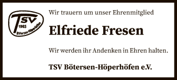 Traueranzeige von Elfriede Fresen von SYK