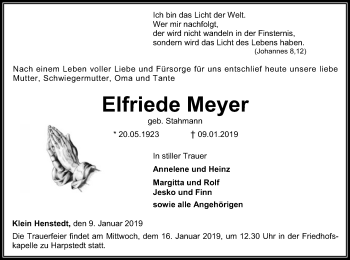 Traueranzeige von Elfriede Meyer von SYK