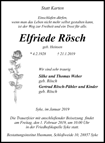 Traueranzeige von Elfriede Rösch von SYK