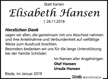 Traueranzeige von Elisabeth Hansen von SYK