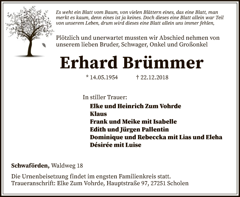  Traueranzeige für Erhard Brümmer vom 03.01.2019 aus SYK