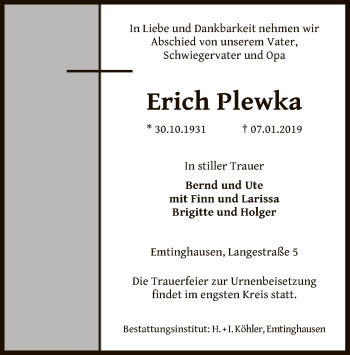 Traueranzeige von Erich Plewka von SYK