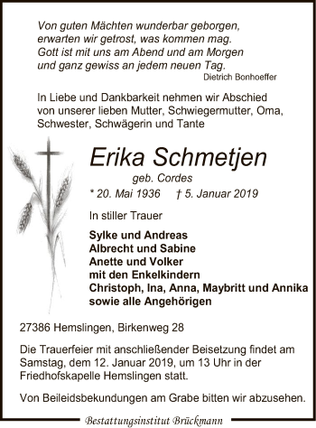 Traueranzeige von Erika Schmetjen von SYK