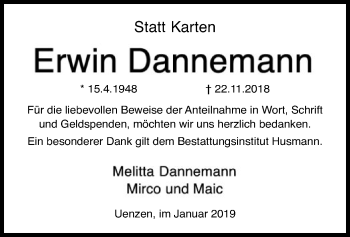 Traueranzeige von Erwin Dannemann von SYK