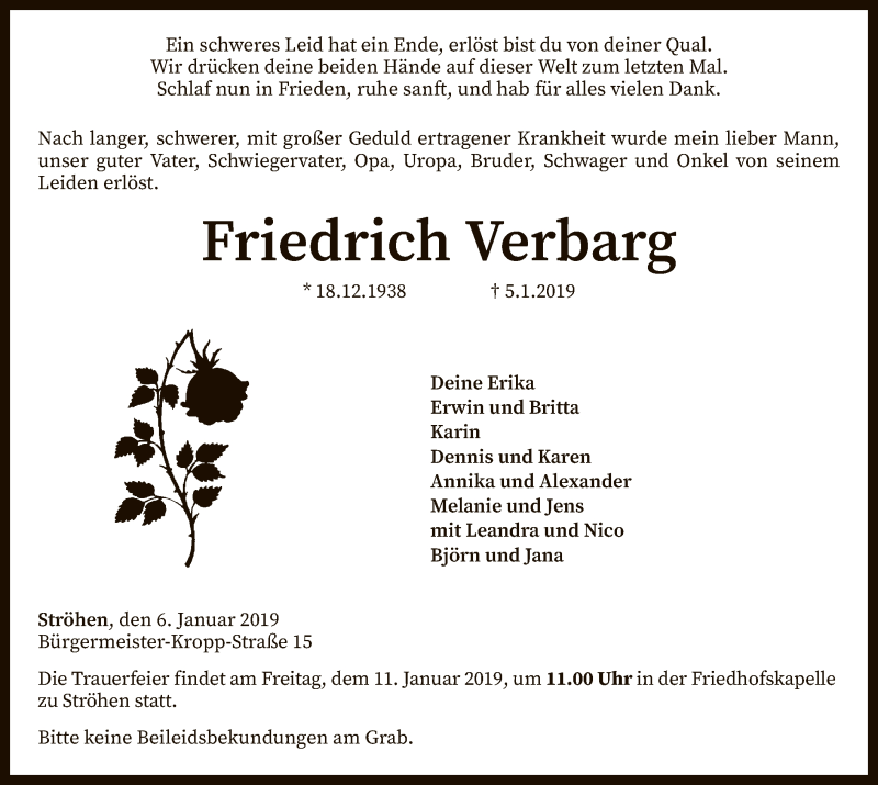  Traueranzeige für Friedrich Verbarg vom 08.01.2019 aus SYK