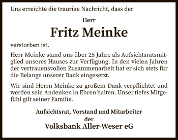 Traueranzeige von Fritz Meinke von SYK