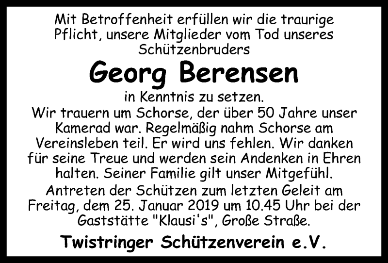  Traueranzeige für Georg Berensen vom 12.01.2019 aus SYK