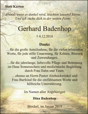 Traueranzeige von Gerhard Badenhop von SYK