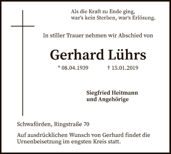 Traueranzeige von Gerhard Lührs von SYK