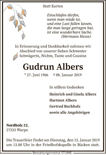 Traueranzeige von Gudrun Albers von SYK