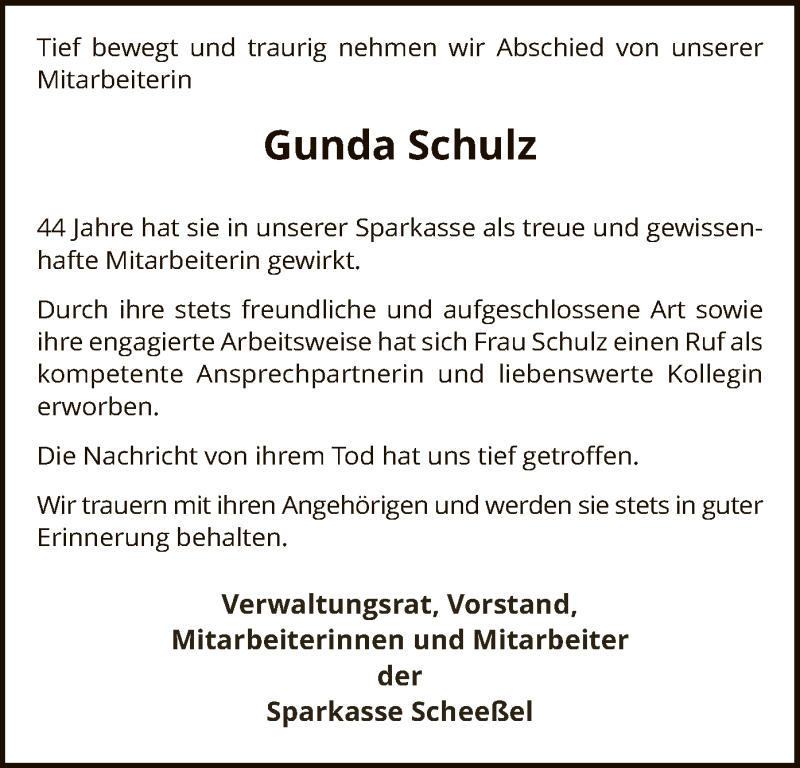  Traueranzeige für Gunda Schulz vom 08.01.2019 aus SYK