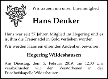 Traueranzeige von Hans Denker von SYK