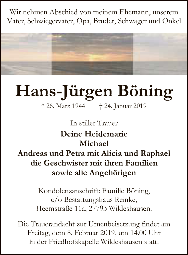  Traueranzeige für Hans-Jürgen Böning vom 29.01.2019 aus SYK