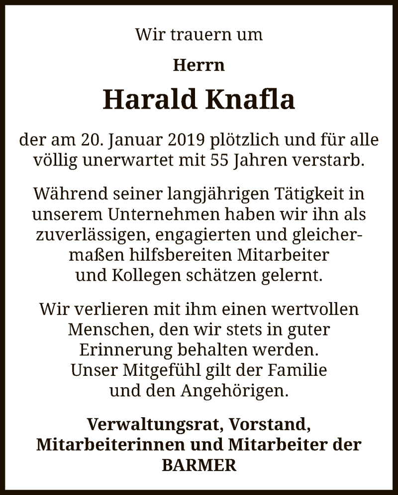  Traueranzeige für Harald Knafla vom 26.01.2019 aus SYK