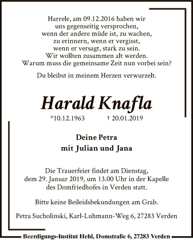  Traueranzeige für Harald Knafla vom 24.01.2019 aus SYK