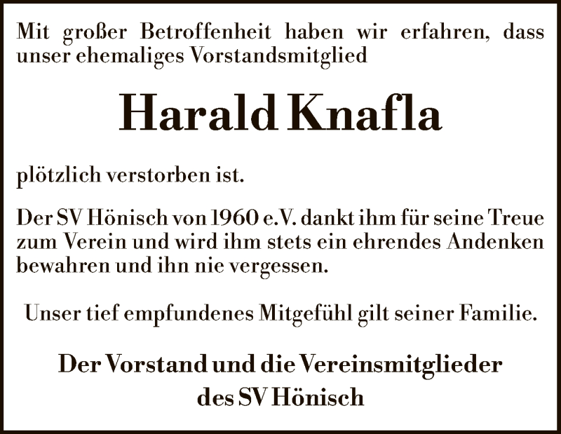  Traueranzeige für Harald Knafla vom 26.01.2019 aus SYK