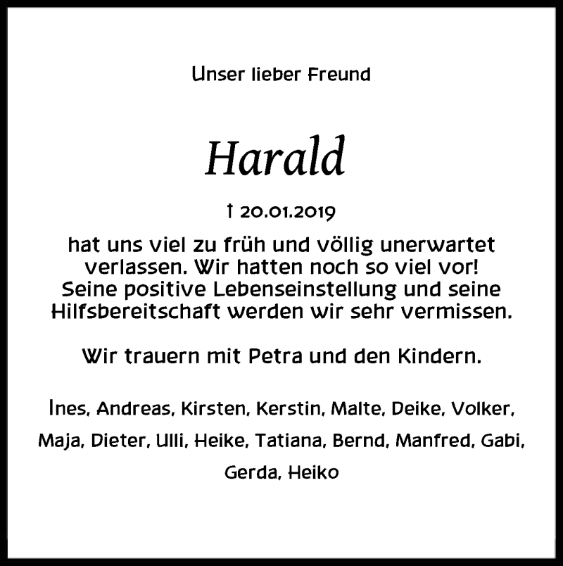  Traueranzeige für Harald Knafla vom 25.01.2019 aus SYK