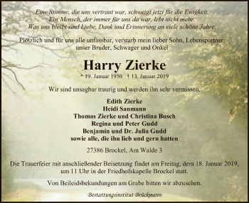 Traueranzeige von Harry Zierke von SYK