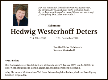 Traueranzeige von Hedwig Westerhoff-Deters von SYK