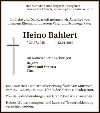 Traueranzeige von Heino Bahlert von SYK