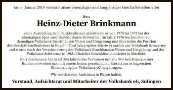 Traueranzeige von Heinz-Dieter Brinkmann von SYK