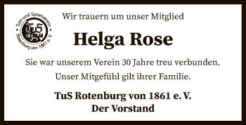 Traueranzeige von Helga Rose von SYK