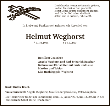 Traueranzeige von Helmut Weghorst von SYK