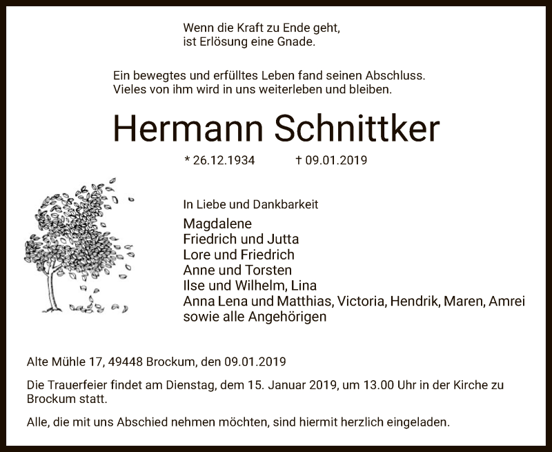  Traueranzeige für Hermann Schnittker vom 10.01.2019 aus SYK
