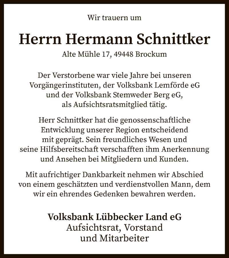  Traueranzeige für Hermann Schnittker vom 12.01.2019 aus SYK