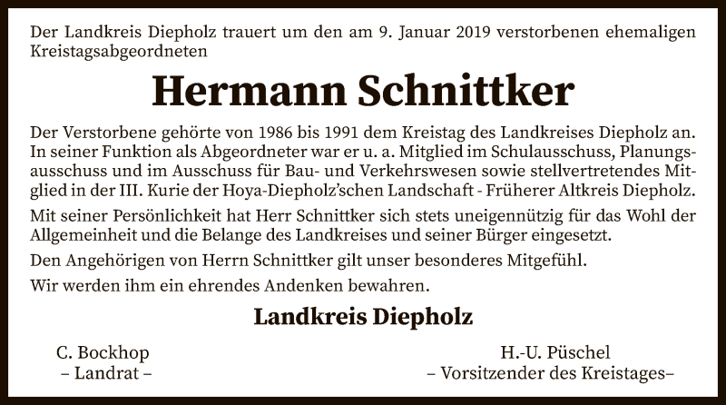  Traueranzeige für Hermann Schnittker vom 12.01.2019 aus SYK